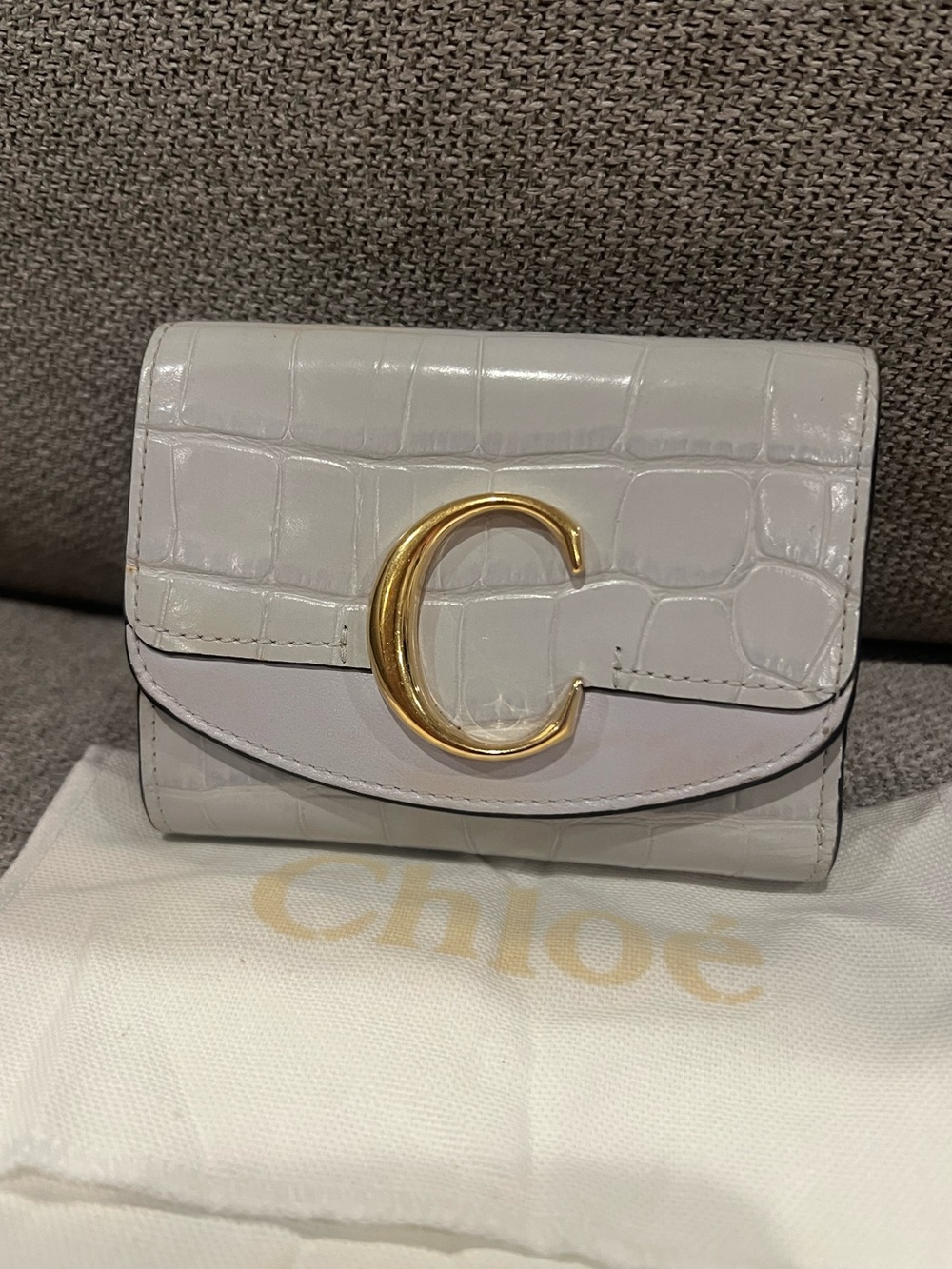Chloé Gold C Logo Croc-Embossed Leather Trifold Wallet in Light Blue Gray